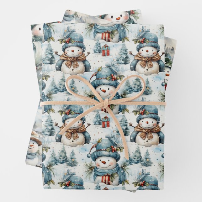 Snowman Christmas Gift Wrapping Paper (In situ)