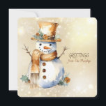 Snowman Christmas Greetings from Name Family Holiday Card<br><div class="desc">A lovely cheerful snowman with gold and brown accessories and a GREETINGS from the NAME family</div>