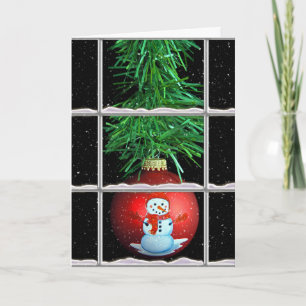 snowman Christmas ornament in winter windowpane Holiday Card
