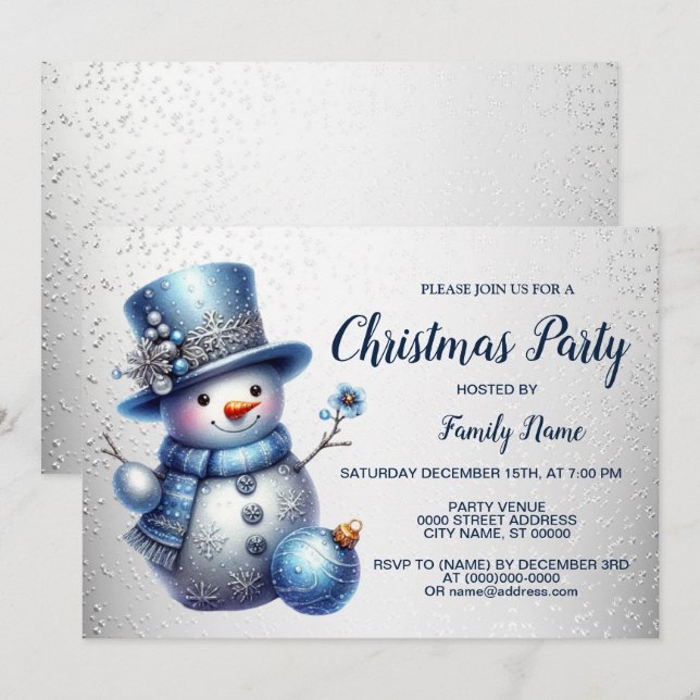 Snowman Christmas Party Elegant Winter Holidays Invitation (Front/Back)