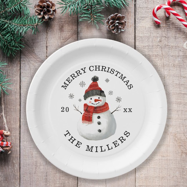 Snowman Christmas Party Paper Plate (Merry Christmas Custom Family Name and Year Cute Snowman Paper Plate for Christmas Party)