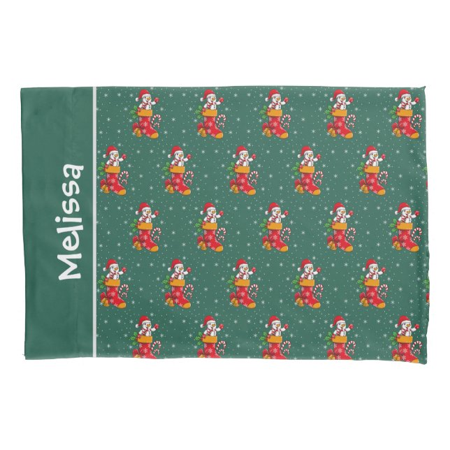 Snowman Christmas Pattern Red Green Custom Name Pillowcase (Front)