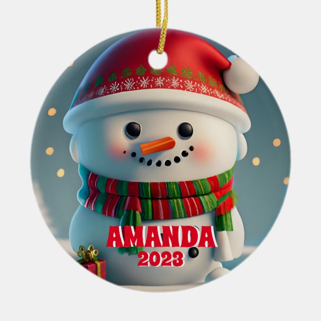 Snowman Christmas Personalised Kids Photo Ceramic Tree Decoration (Front)