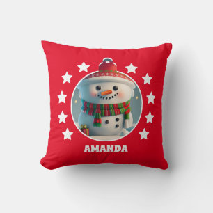 Snowman Christmas Personalized Kids Red Cushion