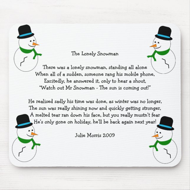 Snowman Christmas Poem Mouse Mat (Front)