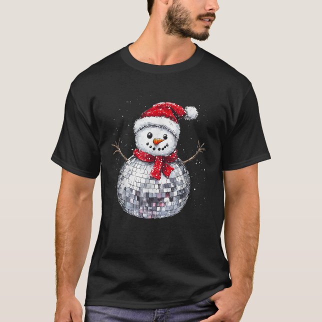 Snowman Christmas Retro Santa Hat Disco Ball Match T-Shirt (Front)