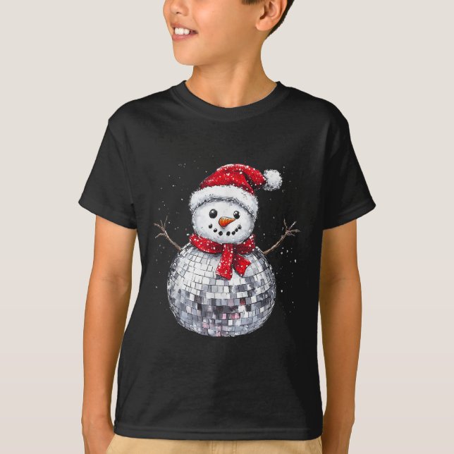 Snowman Christmas Retro Santa Hat Disco Ball Match T-Shirt (Front)