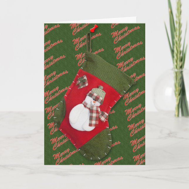 Snowman Christmas Stocking Over Green Custom Holiday Card (Front)