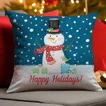 Snowman Christmas Throw Pillow<br><div class="desc">A cute snowman on a snowy night decorates this pillow with the words Happy Holidays. Personalise it by Changing the text to whatever you wish. Designed for you by Blackberry Boulevard.</div>