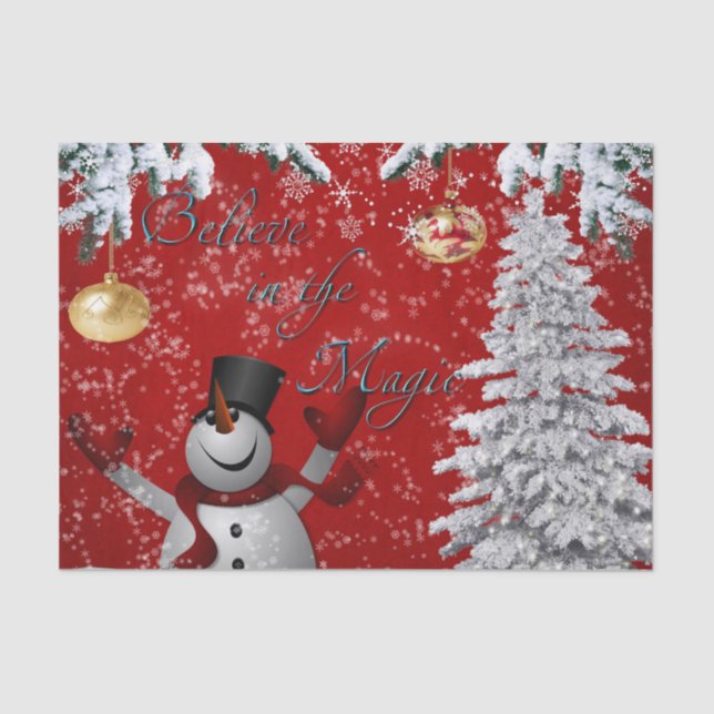 Snowman Christmas Tissue tree red white believe Tissue Paper (Front)