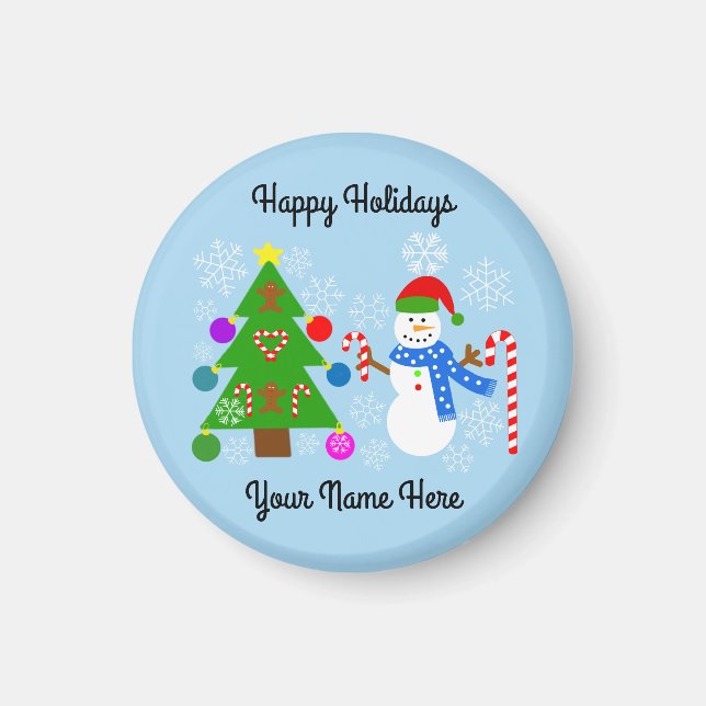 Snowman & Christmas Tree #2 Round Magnet  (Front)