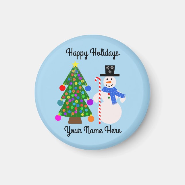 Snowman & Christmas Tree #4 Round Magnet  (Front)