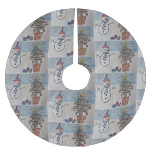 Snowman & Christmas Tree Brushed Polyester Tree Skirt