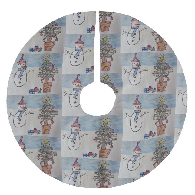 Snowman & Christmas Tree Brushed Polyester Tree Skirt (Front)