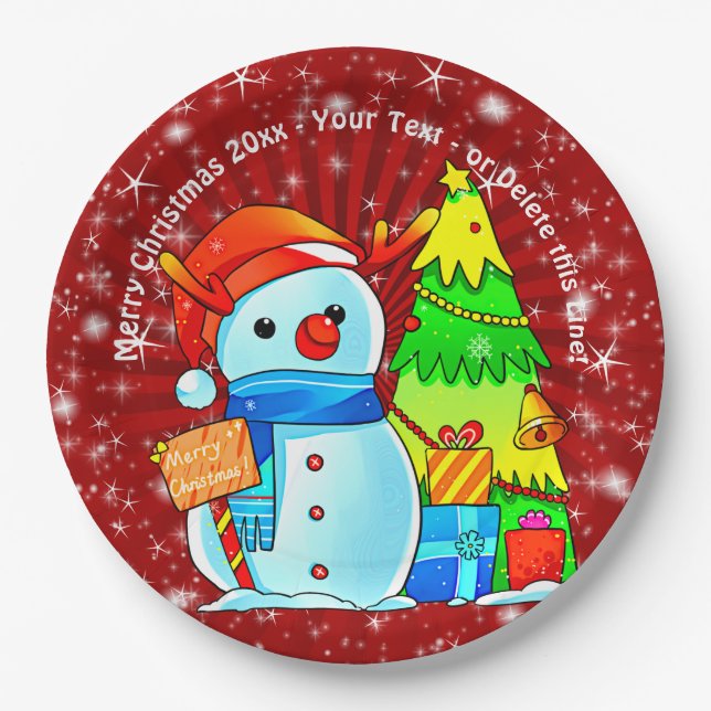 Snowman Christmas Tree Presents Year Text Red 9" Paper Plate (Front)