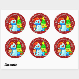 Snowman Christmas Tree Presents Year Text Red Classic Round Sticker