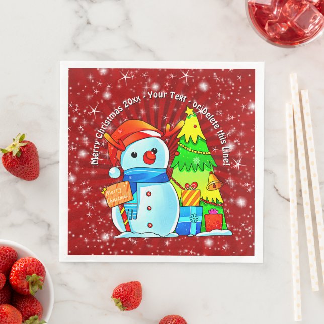 Snowman Christmas Tree Presents Year Text Red Napkin (Insitu)