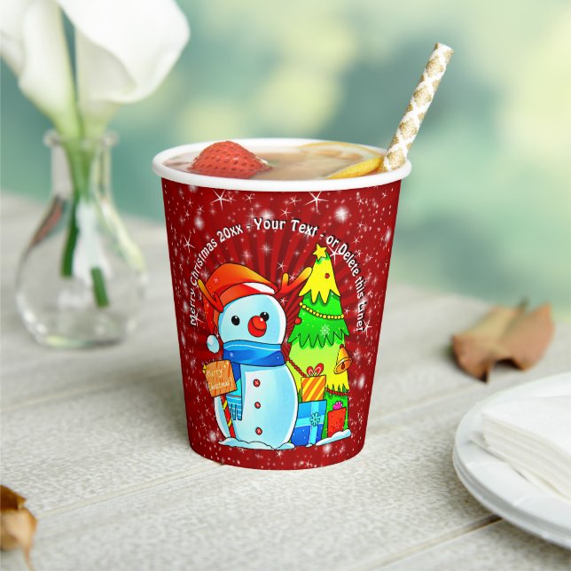 Snowman Christmas Tree Presents Year Text Red Paper Cups (Insitu)