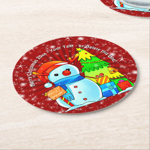 Snowman Christmas Tree Presents Year Text Red Round Paper Coaster