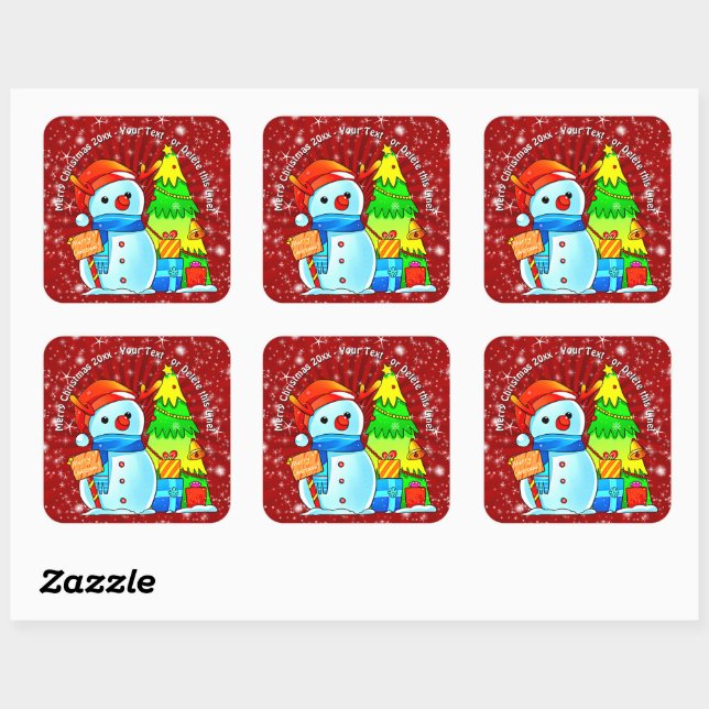 Snowman Christmas Tree Presents Year Text Red Square Sticker (Sheet)