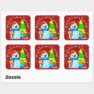 Snowman Christmas Tree Presents Year Text Red   Square Sticker