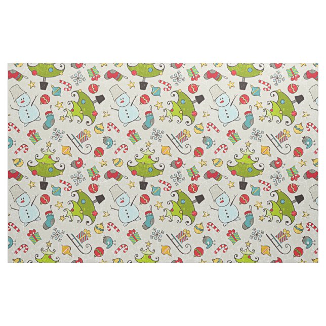 Snowman Christmas Tree Sleigh Illustration Fabric (Fat Quarter)