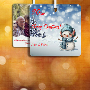 Snowman Christmas tree snow photo Square Ornament