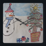 Snowman & Christmas Tree Wall Clock<br><div class="desc">A very cute snowman has a brand new woolly had a cosy blue scarf for the holiday season. He is so thrilled it is Christmas Eve and his Christmas tree is beautifully decorated with shiny baubles and glittering tinsel. The brightly wrapped presents are piling up beneath the evergreen branches and...</div>