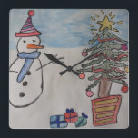 Snowman & Christmas Tree Wall Clock<br><div class="desc">A very cute snowman has a brand new woolly had a cosy blue scarf for the holiday season. He is so thrilled it is Christmas Eve and his Christmas tree is beautifully decorated with shiny baubles and glittering tinsel. The brightly wrapped presents are piling up beneath the evergreen branches and...</div>
