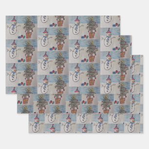 Snowman & Christmas Tree Wrapping Paper Sheet