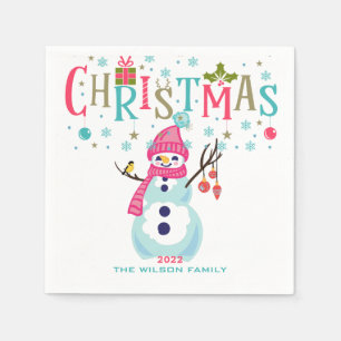 Snowman Christmas Turquoise Red Pink Personalised Napkin