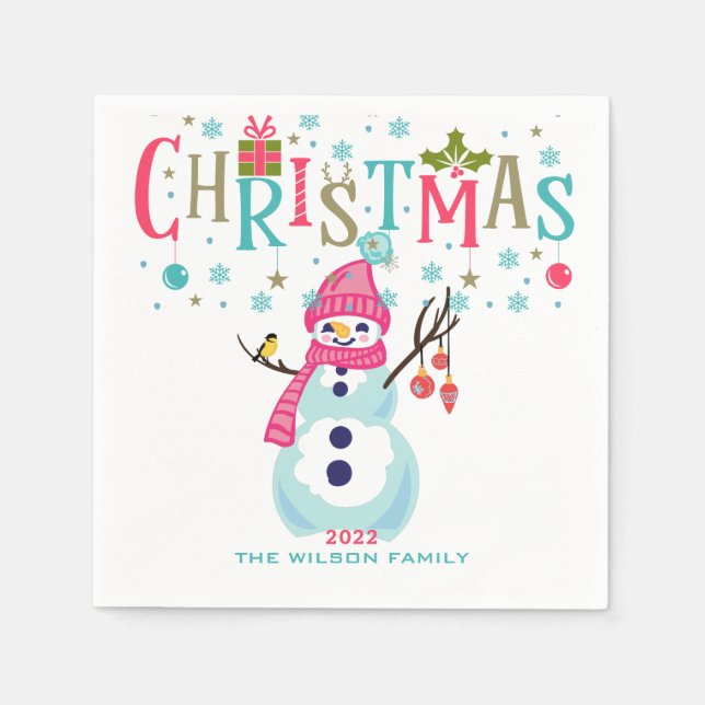 Snowman Christmas Turquoise Red Pink Personalised Napkin (Front)