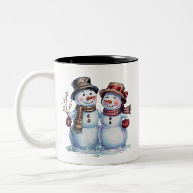 Snowman Christmas Vintage Holiday Two-Tone Coffee Mug (Left)