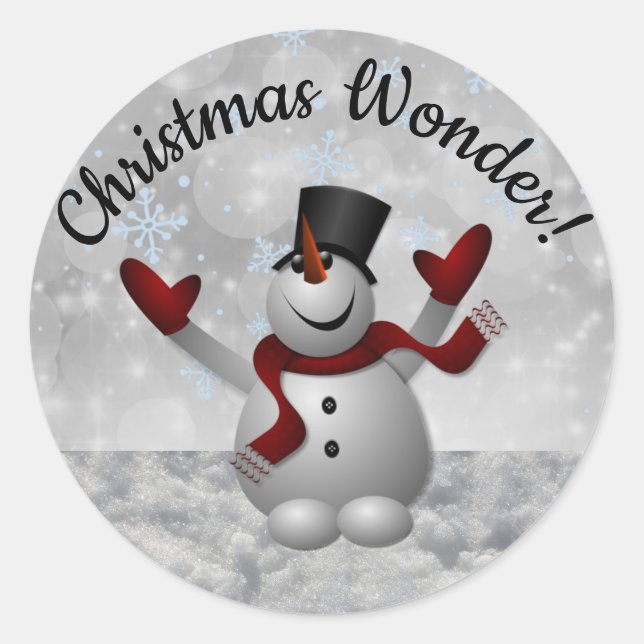 Snowman Christmas Wonder With Glitter Snowflakes Classic Round Sticker (Front)