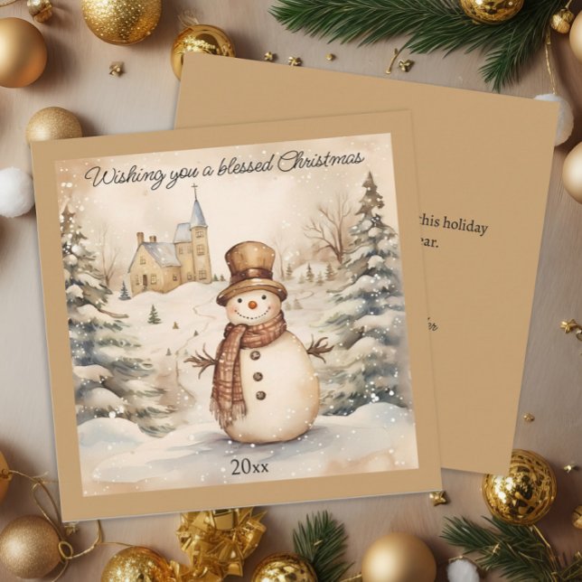 Snowman Classic Vintage Church Blessed Christmas Holiday Card (Classic "Wishing you a blessed Christmas" snowman square Christmas greeting card)