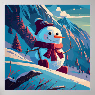 Snowman climbs mountains at Christmas Poster