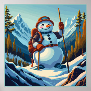 Snowman climbs mountains at Christmas Poster