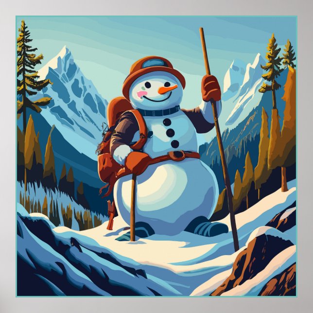Snowman climbs mountains at Christmas Poster (Front)