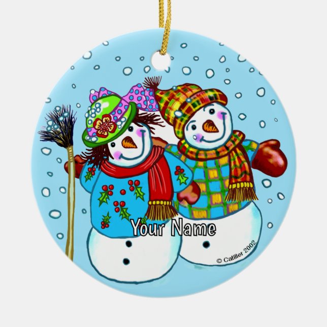 Snowman Couple  Ceramic Ornament (Front)