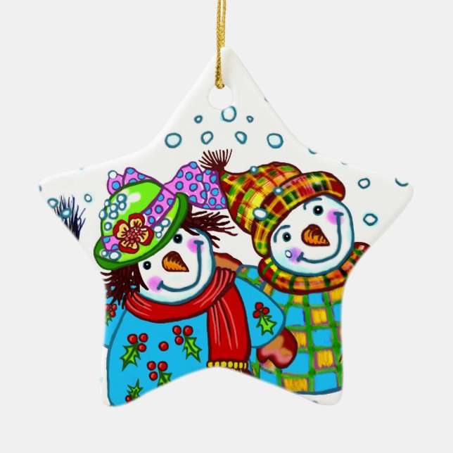 Snowman Couple  Ceramic Tree Decoration (Front)