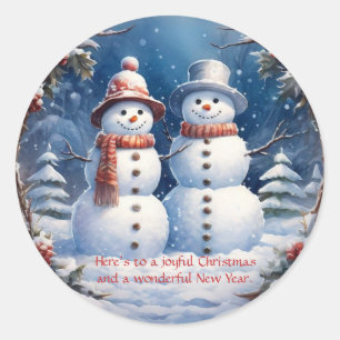 Snowman Couple Classic Round Sticker