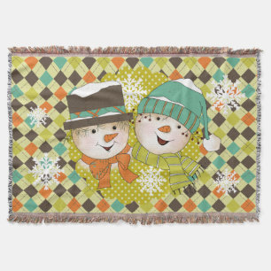 Snowman Couple Dots and Argyle Holiday Throw Blanket