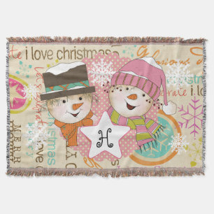 Snowman Couple Dots and Typography Holiday Throw Blanket