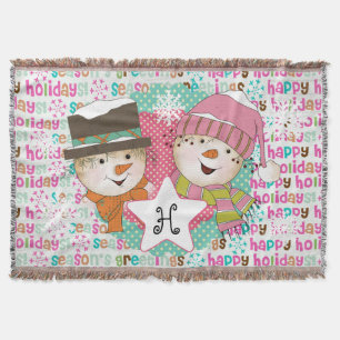 Snowman Couple Dots and Typography Holiday Throw Blanket