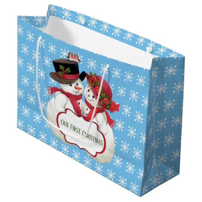 Snowman Couple, First Christmas Large Gift Bag (Front Angled)