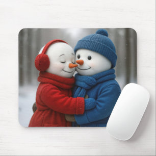 Snowman Couple Hugging in Winter Forest Mouse Mat