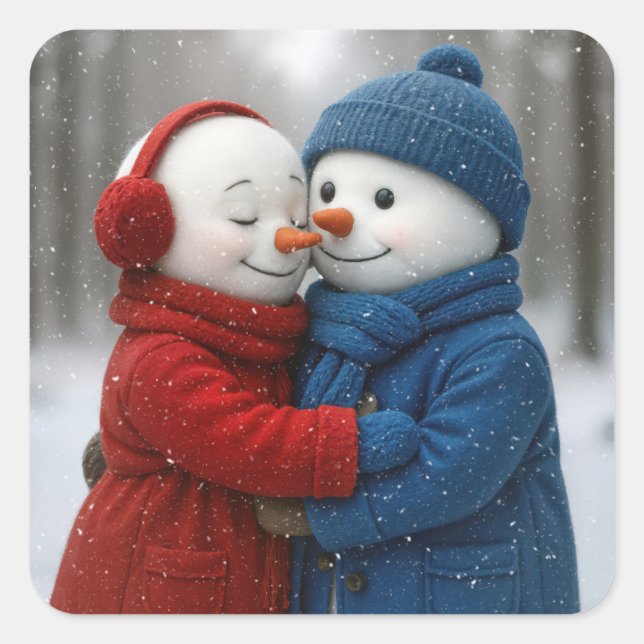 Snowman Couple Hugging in Winter Forest Square Sticker (Front)