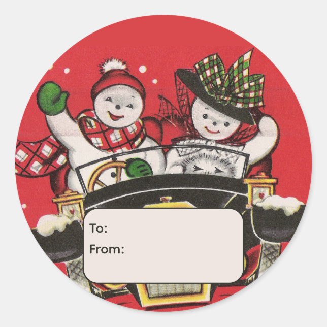 Snowman Couple in Car Personalized To and From Classic Round Sticker (Front)