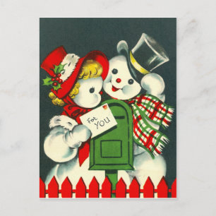Snowman couple in love, with mail for you, vintage postcard