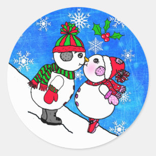 Snowman Couple Kissing under Mistletoe Christmas Classic Round Sticker